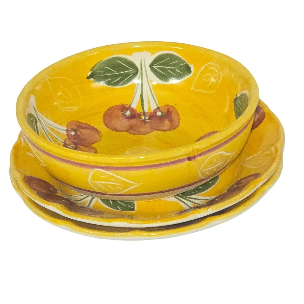 Pottery Barn Yellow Cherry Ceramic Set 1 Bowl 2 Scalloped Plates Made in Mexico